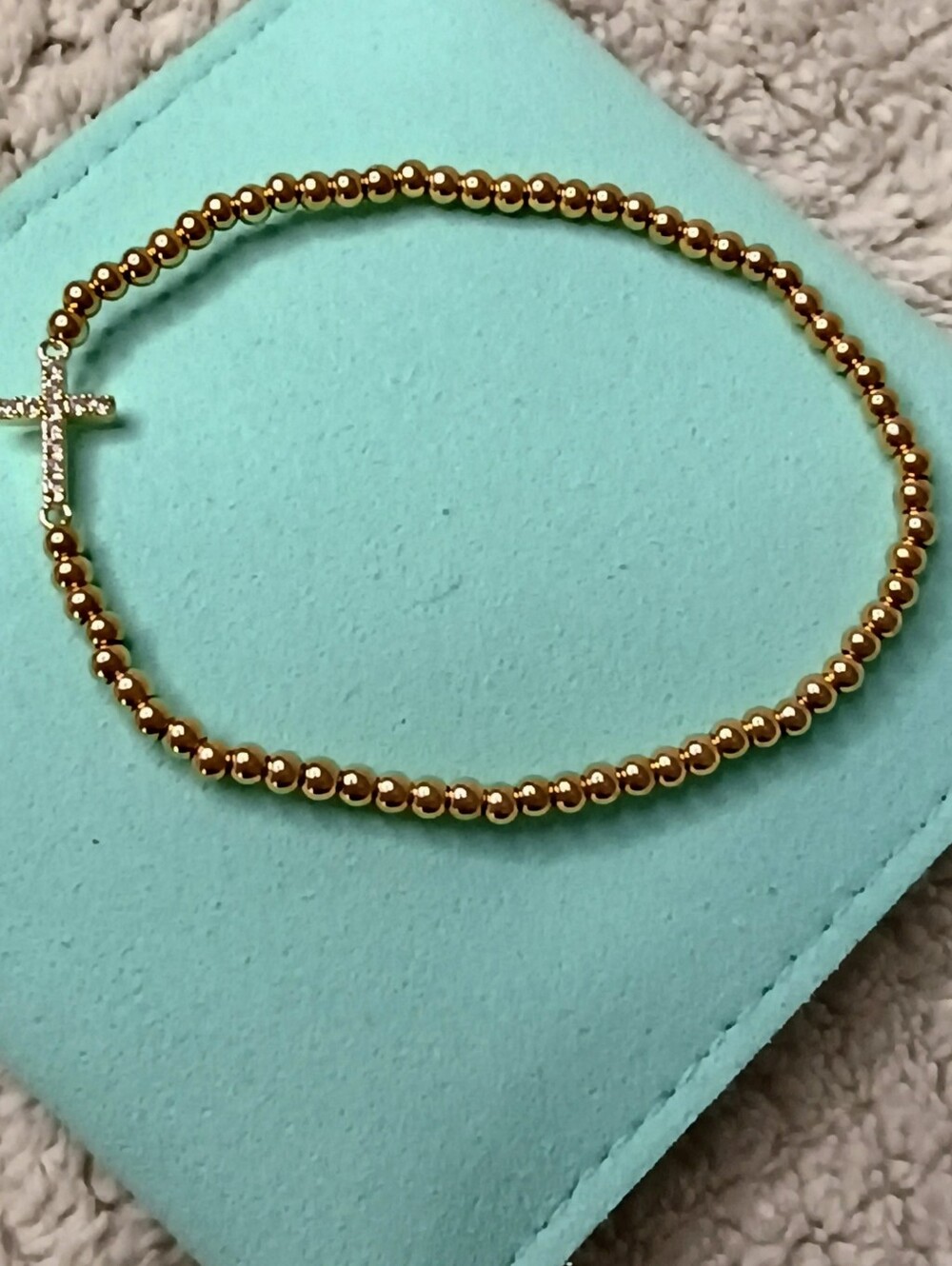 Mint & Lily Gold Beaded Cross Stretch Bracelet Pave CZ Faith Stackable Sparkle